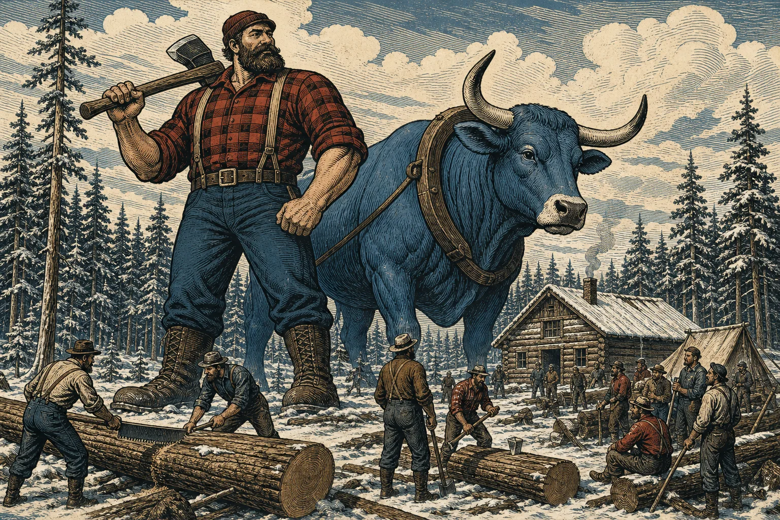 Paul Bunyan and Babe tower above a North Woods logging camp.