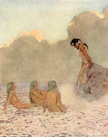 Persephone stands in the shadowed underworld in Maxfield Parrish’s 1910 illustration.