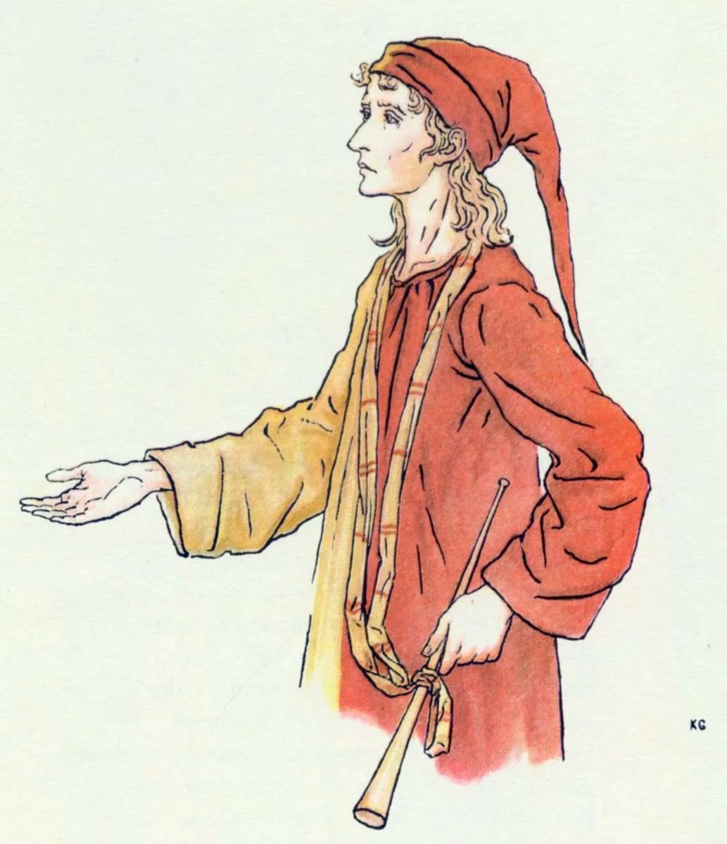 The strange piper stands before Hamelin’s crowded roofs.