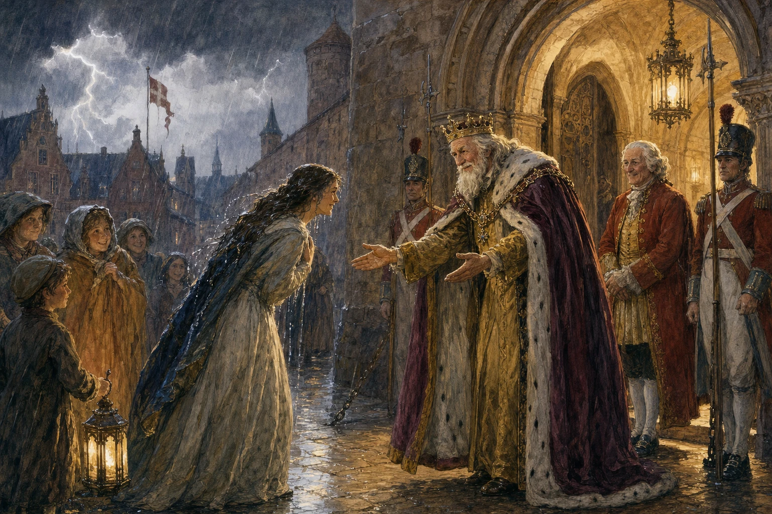 A rain-soaked princess stands at the castle gate beneath a stormy sky.