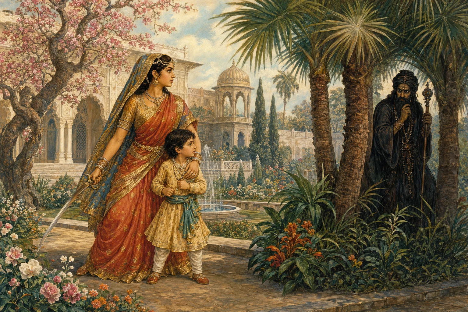 Balna and her son face the magician Punchkin in a palace garden.