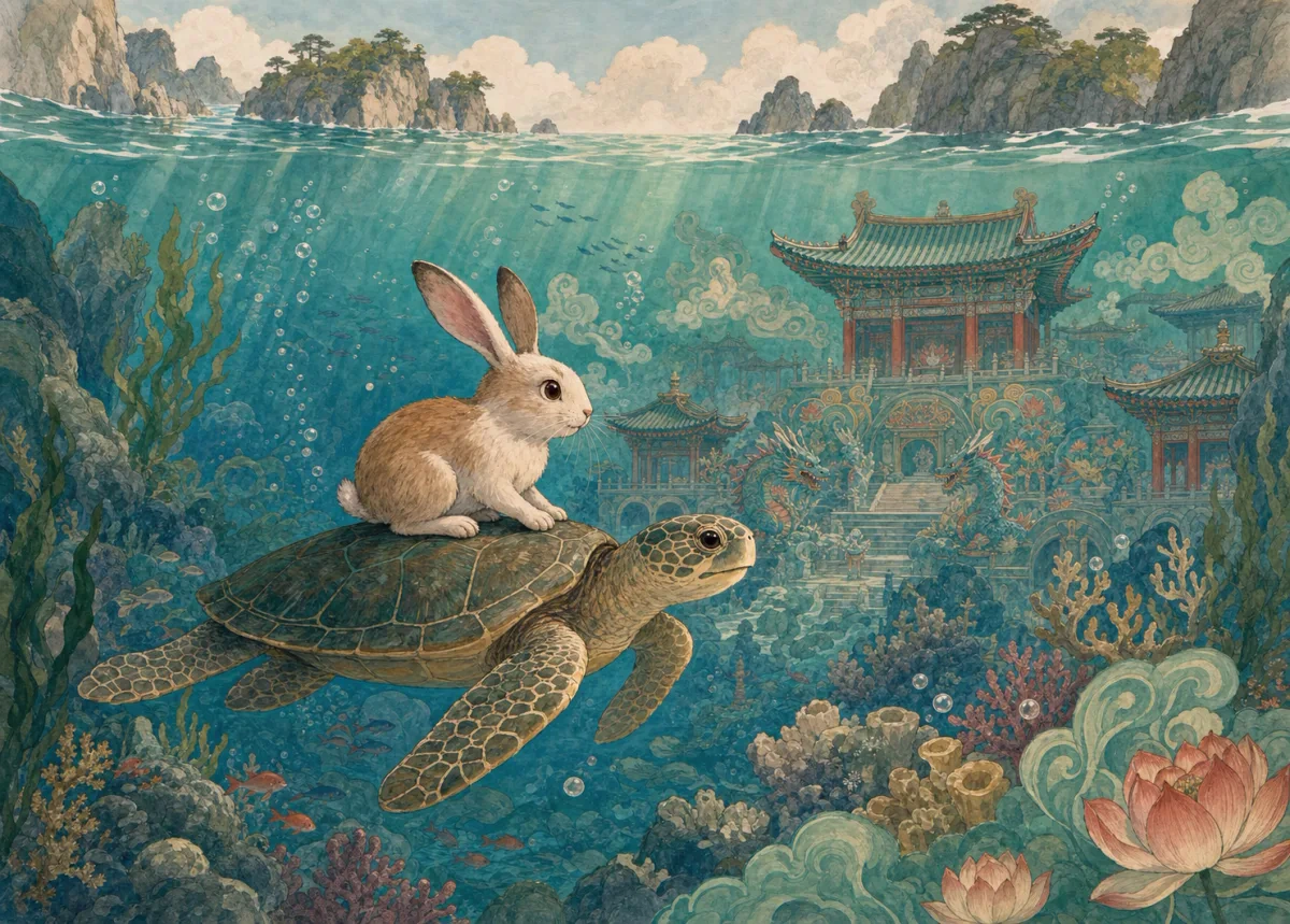 A rabbit rides on a turtle’s shell beneath blue waves.