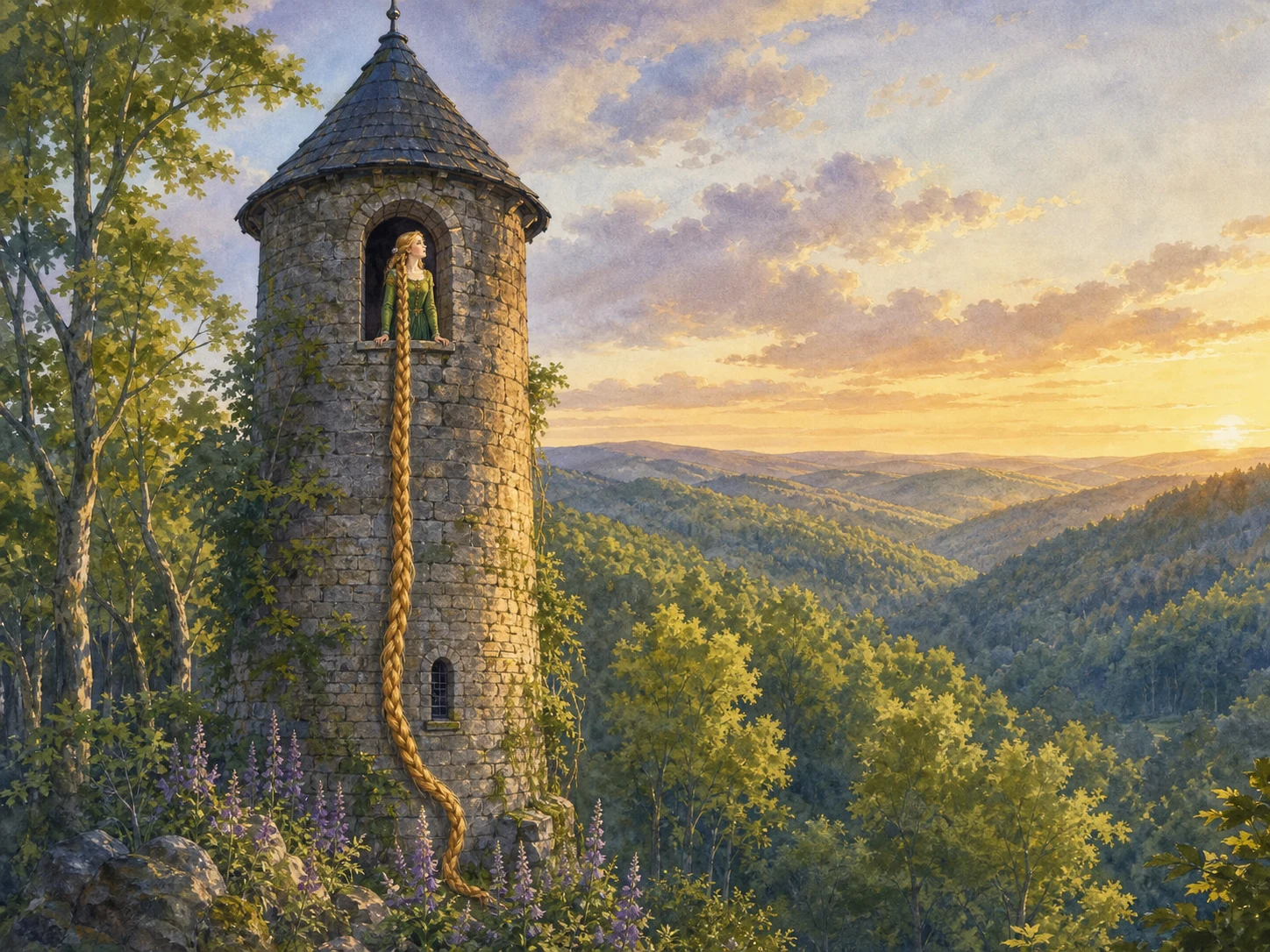 Rapunzel lets her long golden braid fall from a high forest tower.