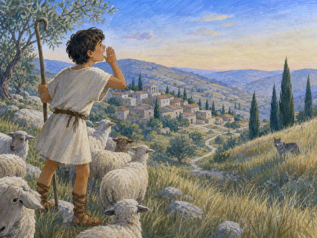 A shepherd boy calls toward a stone village while a wolf watches the flock from tall grass.