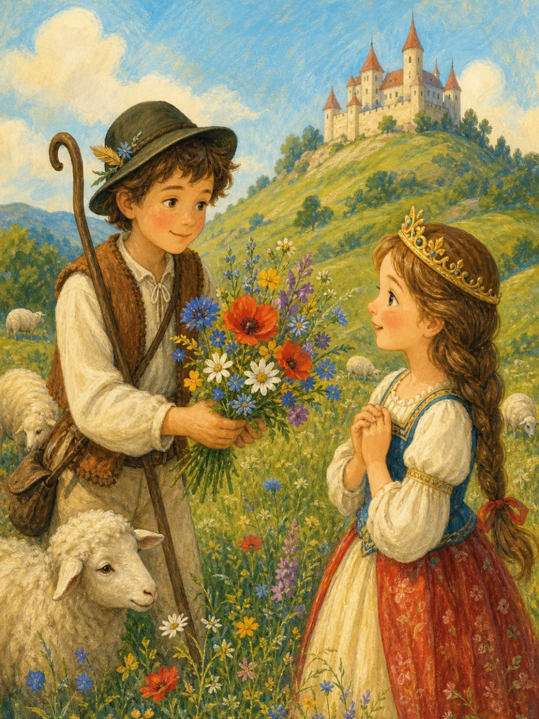 A young shepherd offers a wildflower nosegay to a curious princess on a sunny hillside.