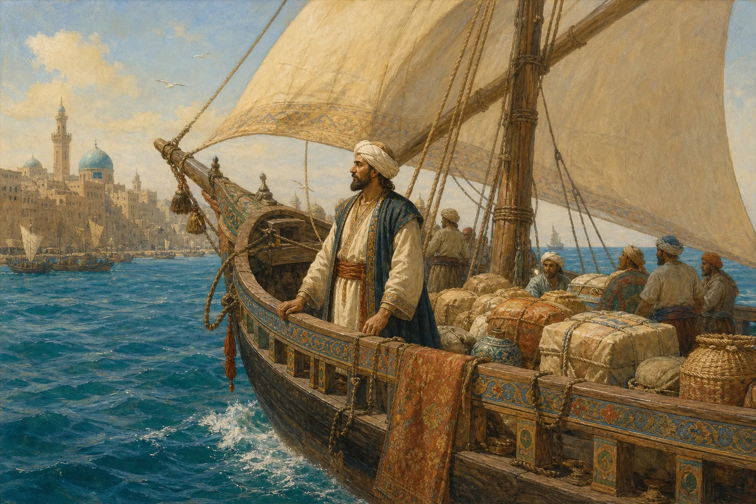 Sinbad’s merchant ship crosses a bright, uncertain sea.
