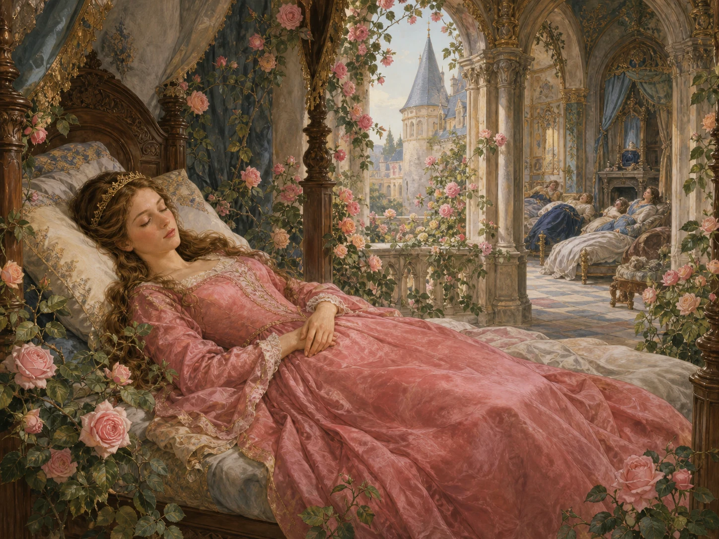 A sleeping princess rests in a vine-covered castle as a century passes outside.
