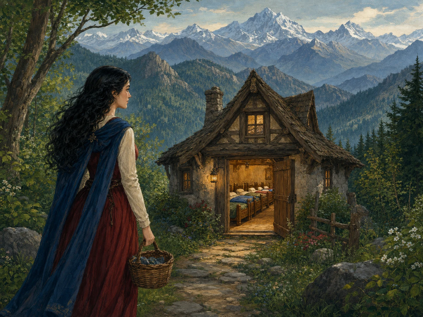 Snow White discovers a tiny, orderly cottage beyond the seven wooded mountains.