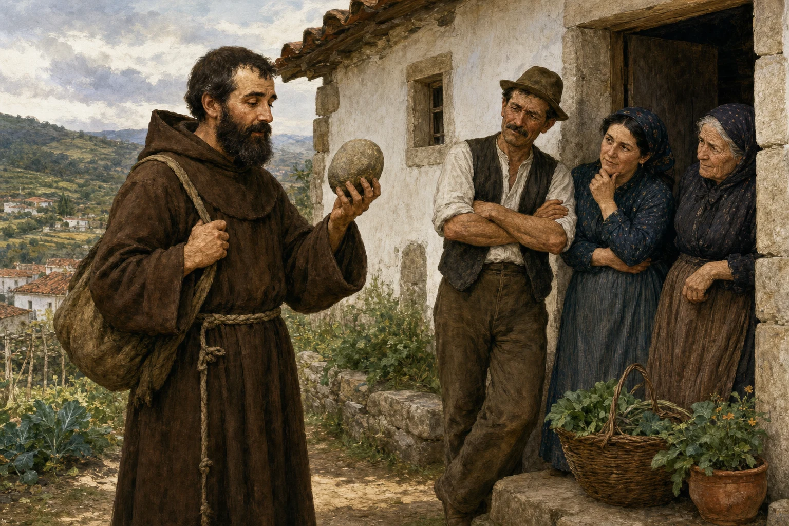 A hungry friar examines the stone with which he promises to make broth.
