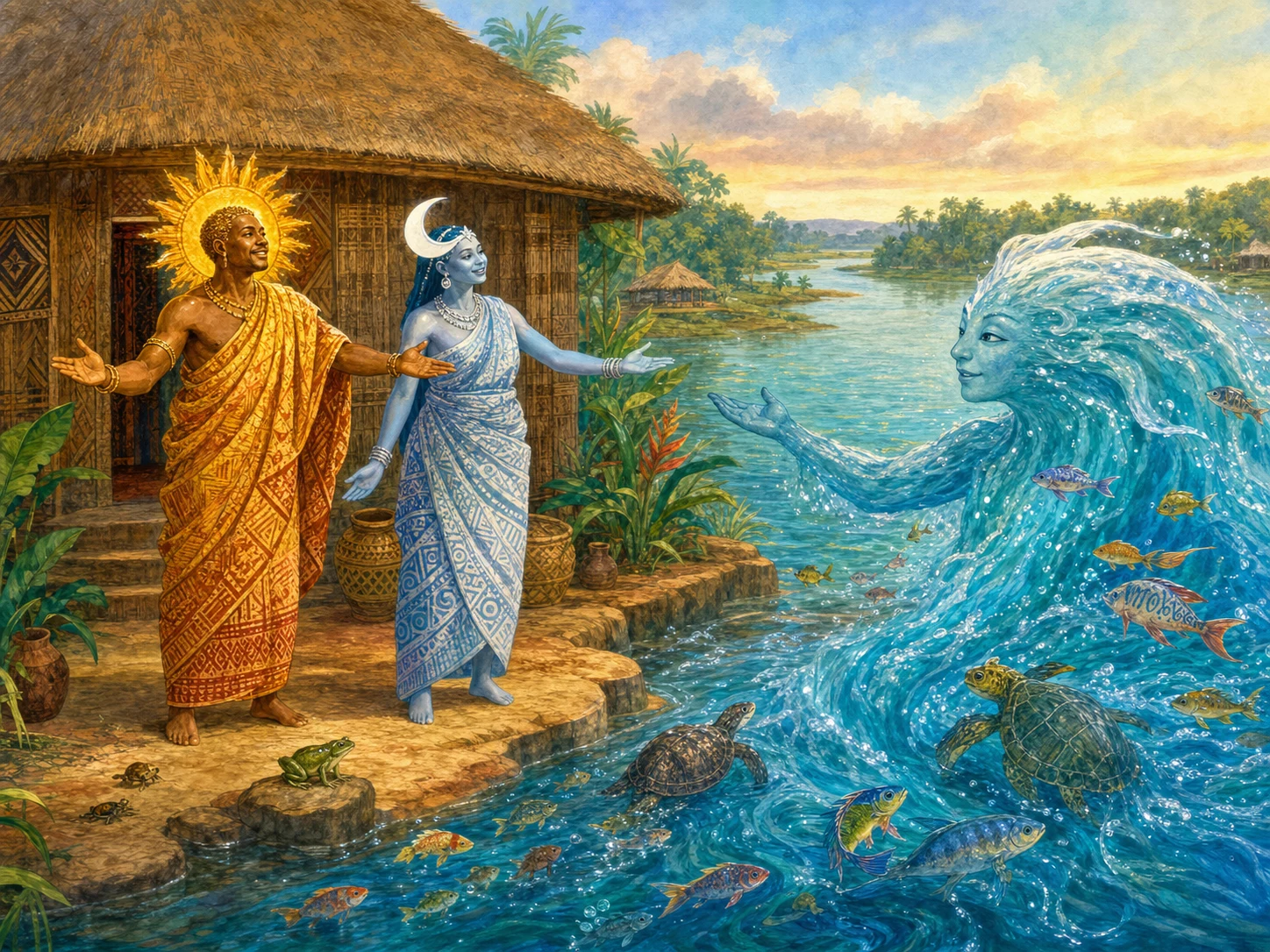 Sun and Moon welcome Water and all his shining creatures into their house.