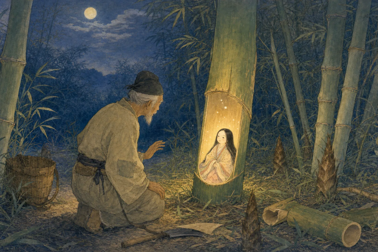 A bamboo cutter discovers a tiny shining princess inside a glowing bamboo stalk.