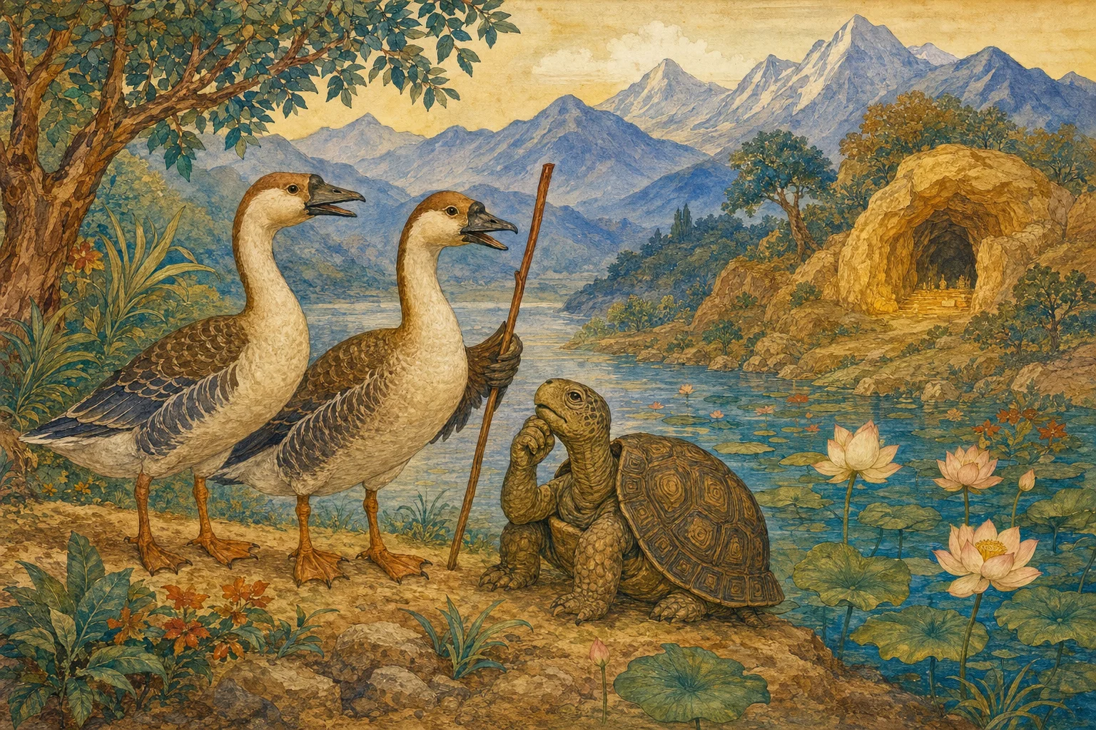Two hamsas offer to carry a tortoise from his Himalayan pond.