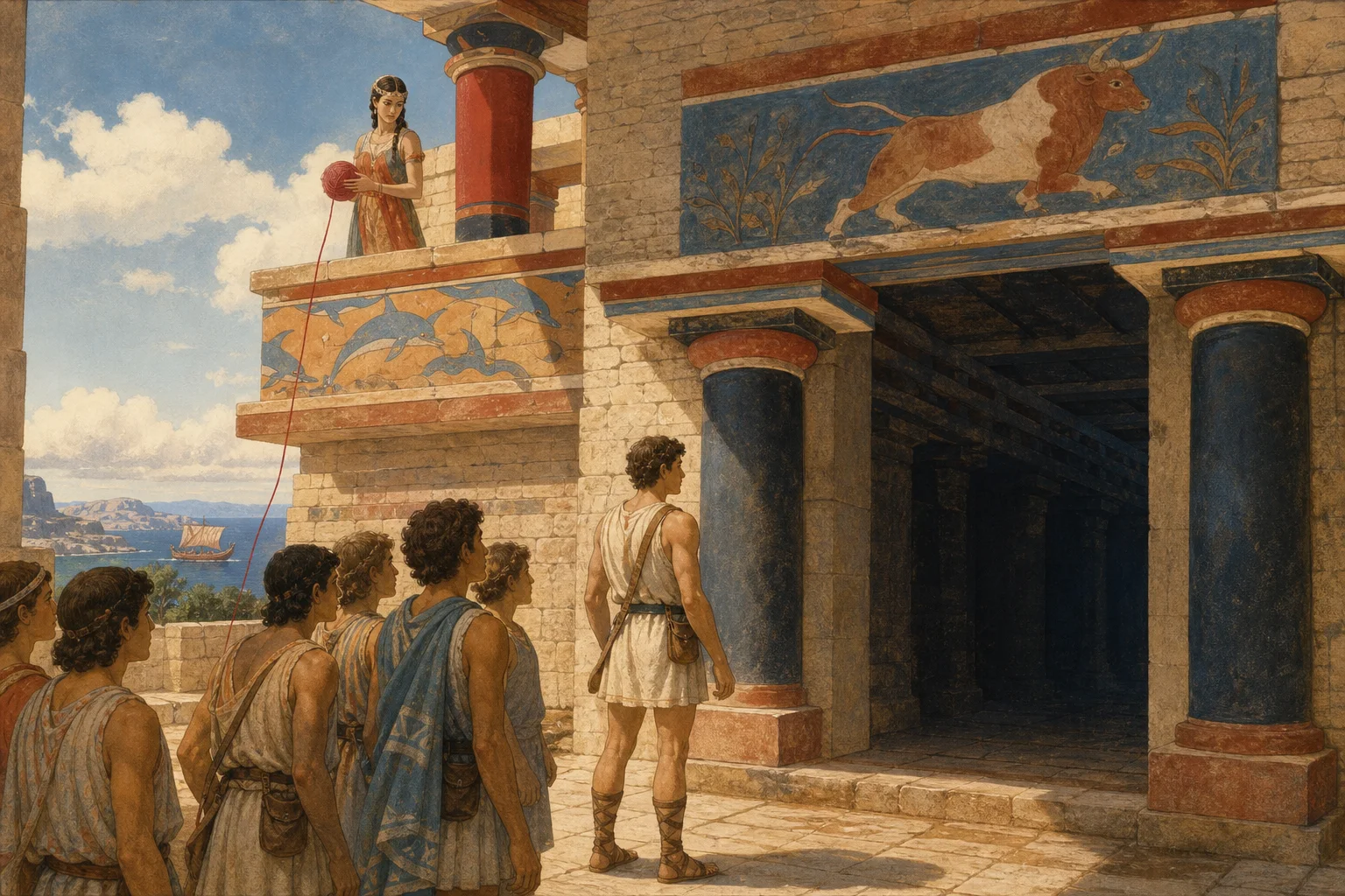 Theseus stands before the dark Labyrinth while Ariadne lowers a coil of red thread.
