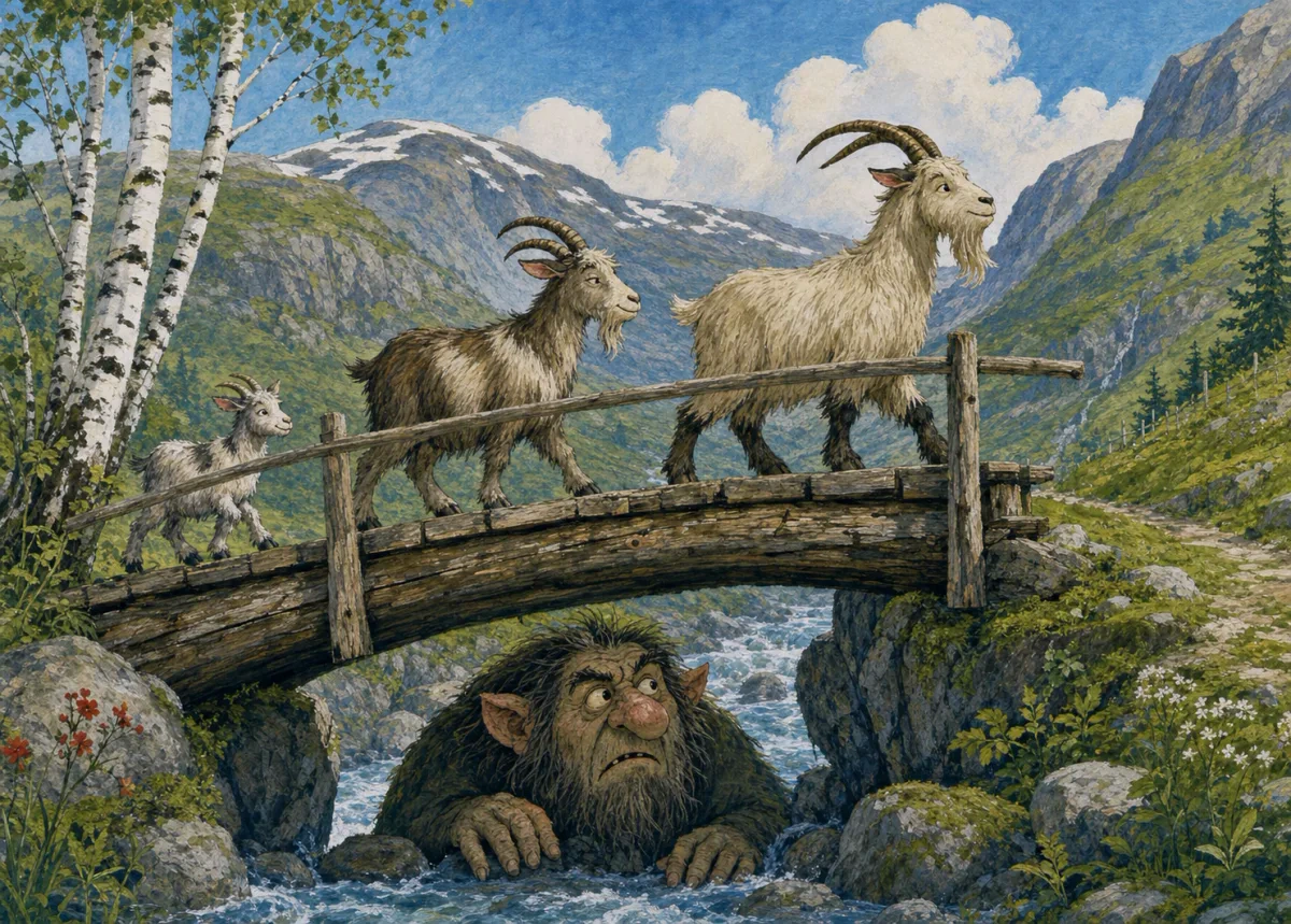 Three goats cross a wooden bridge while a troll watches below.