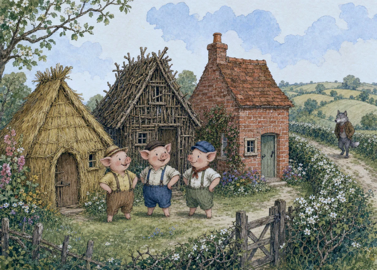 Three pigs stand beside houses of straw, sticks, and brick.