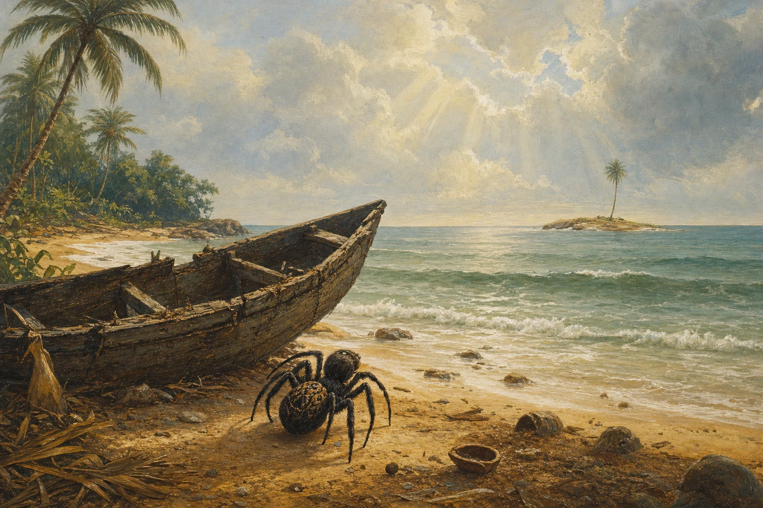 Hungry Anansi looks from an old broken boat toward a palm tree rising from the sea.