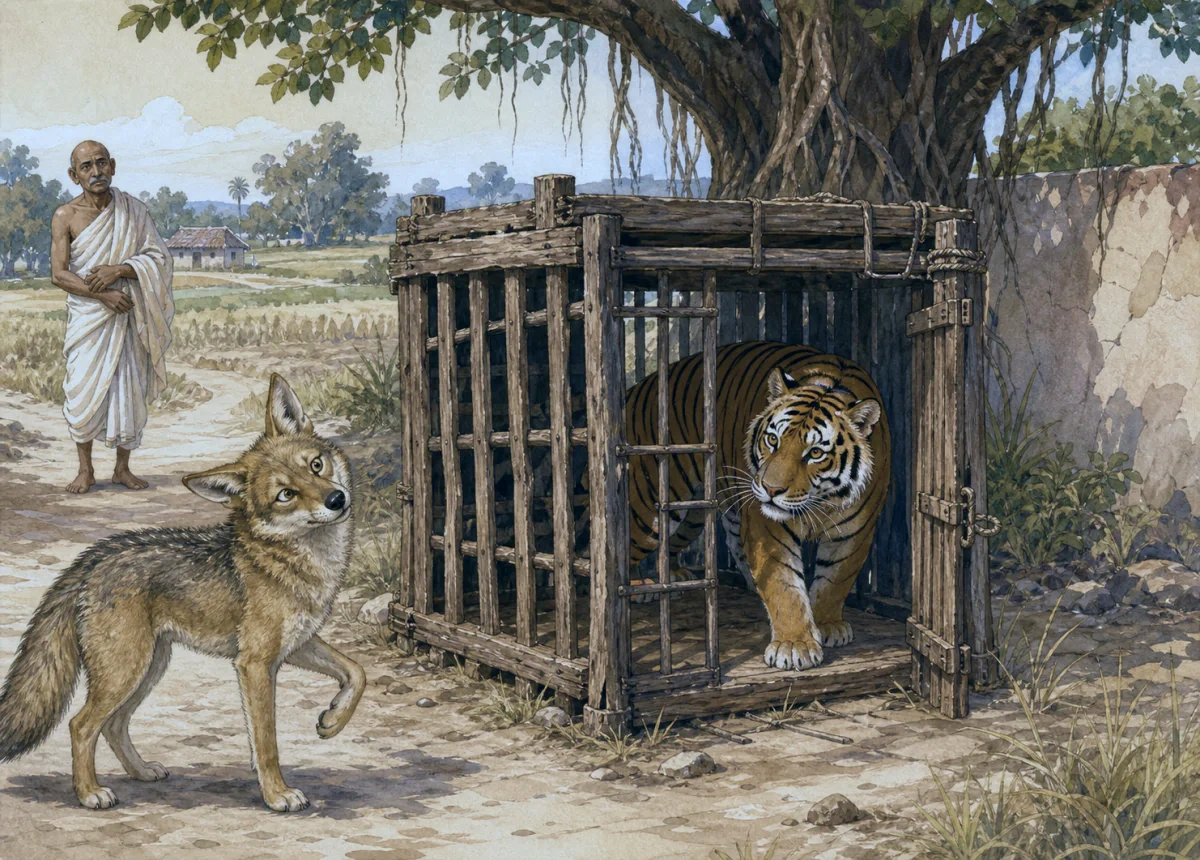 A jackal puzzles over a tiger waiting beside an open cage.