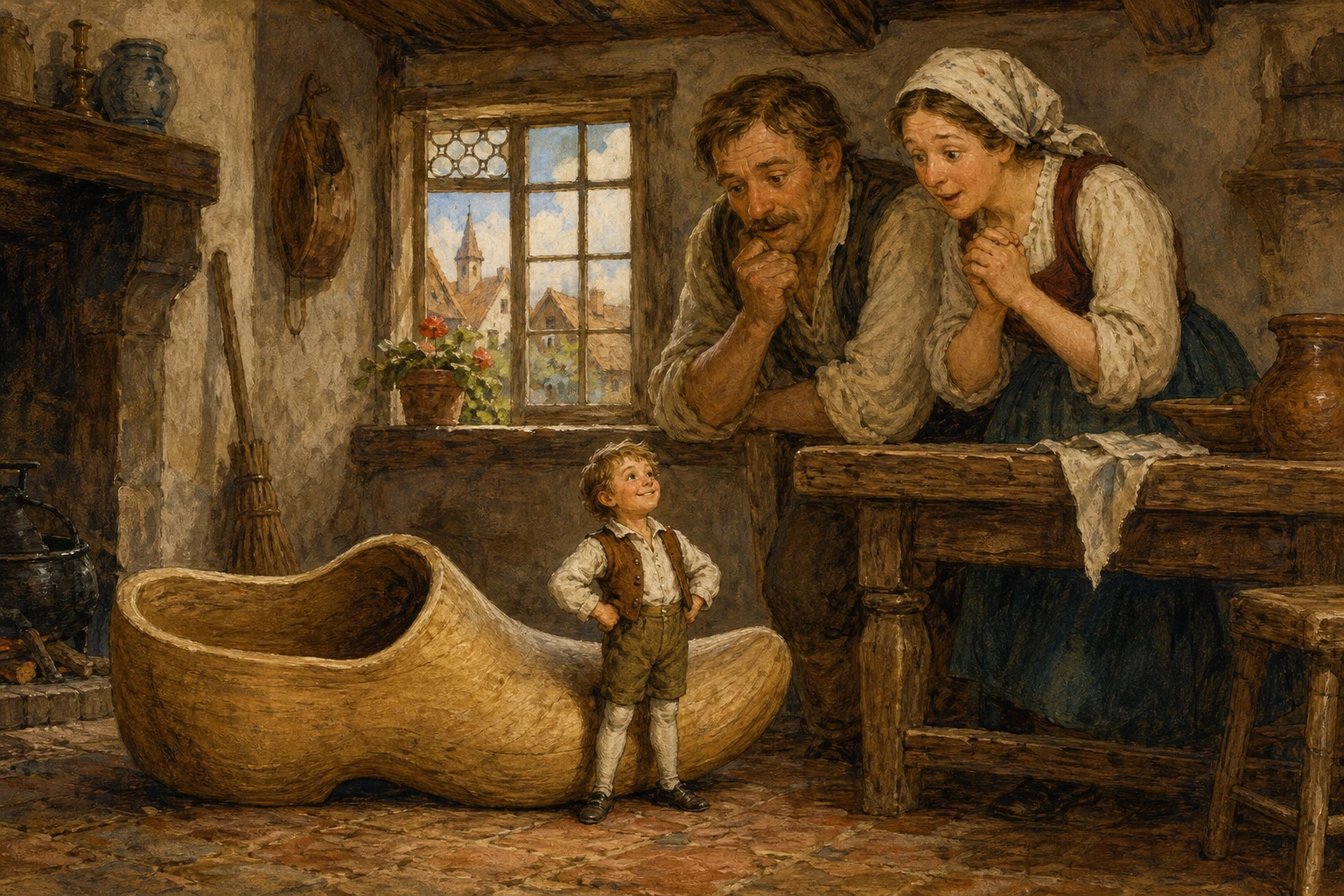 Tiny Tom Thumb stands in his father’s palm beside a great workhorse and wooden cart.