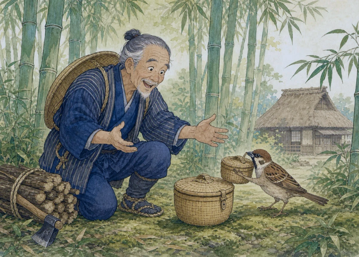 A sparrow waits in a bamboo grove beside two woven baskets.