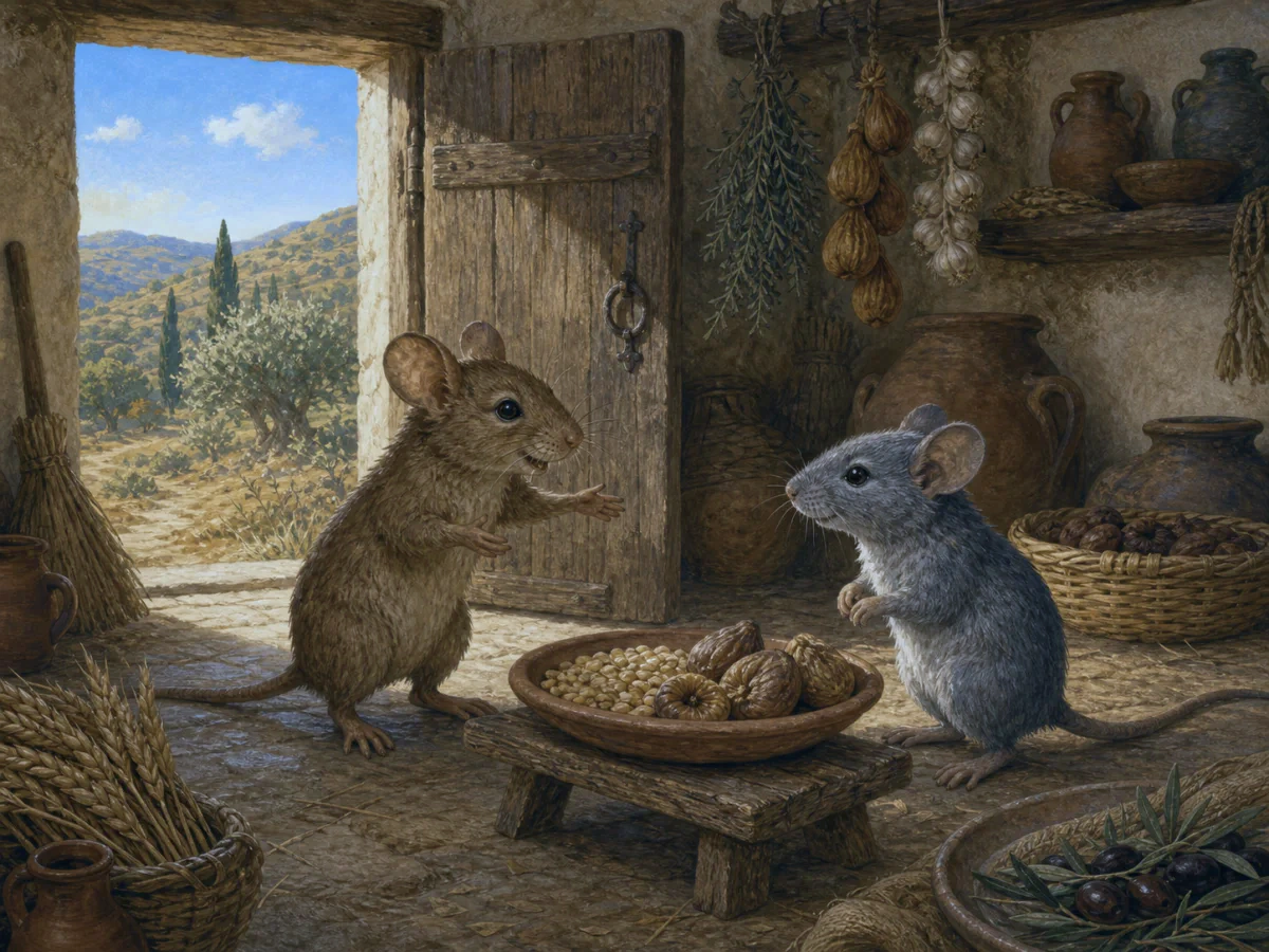 A country mouse welcomes a town mouse to a simple cottage meal.