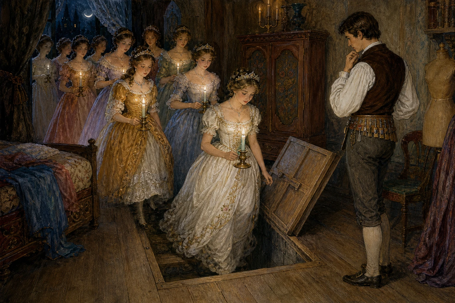 Twelve princesses descend a hidden stair toward a glittering underground lake.