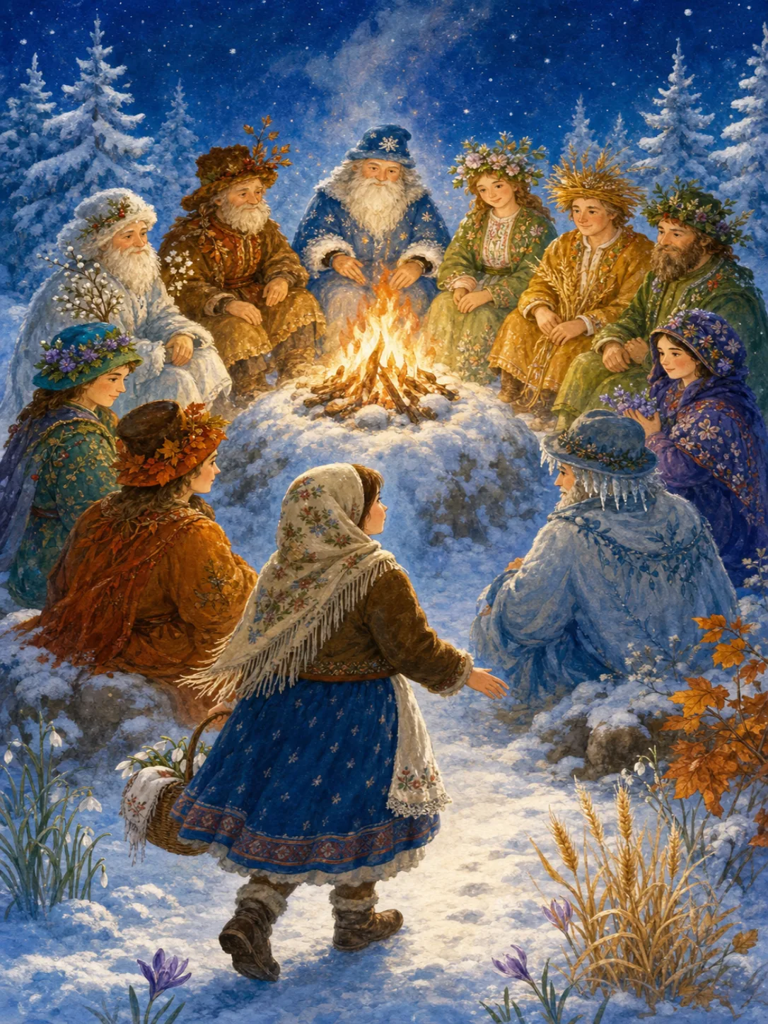 Marushka stands before the twelve Months around a glowing winter fire.