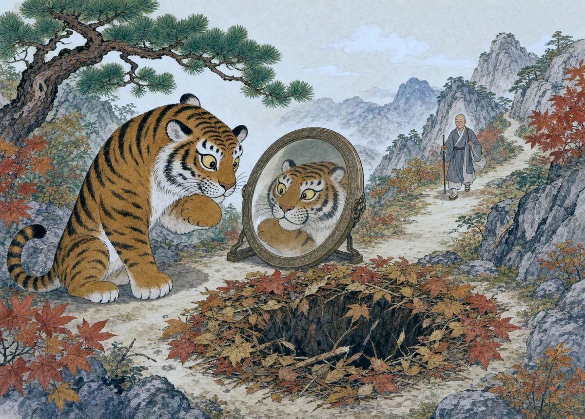 A striped tiger peers into a mirrored forest trap.