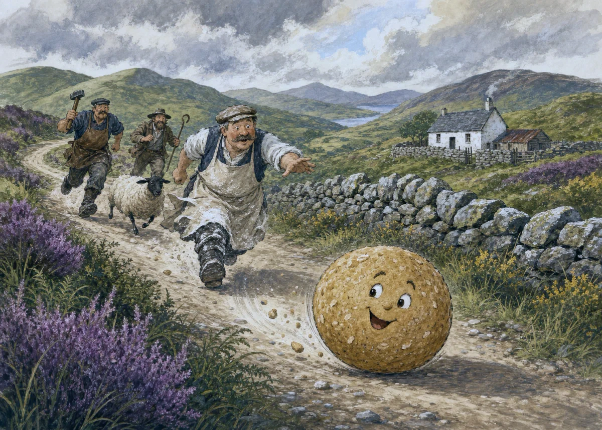 A round oatmeal bannock rolls over green Scottish hills.