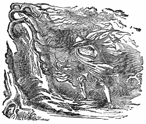 The Wind and Sun watch a cloaked traveller on a country road.