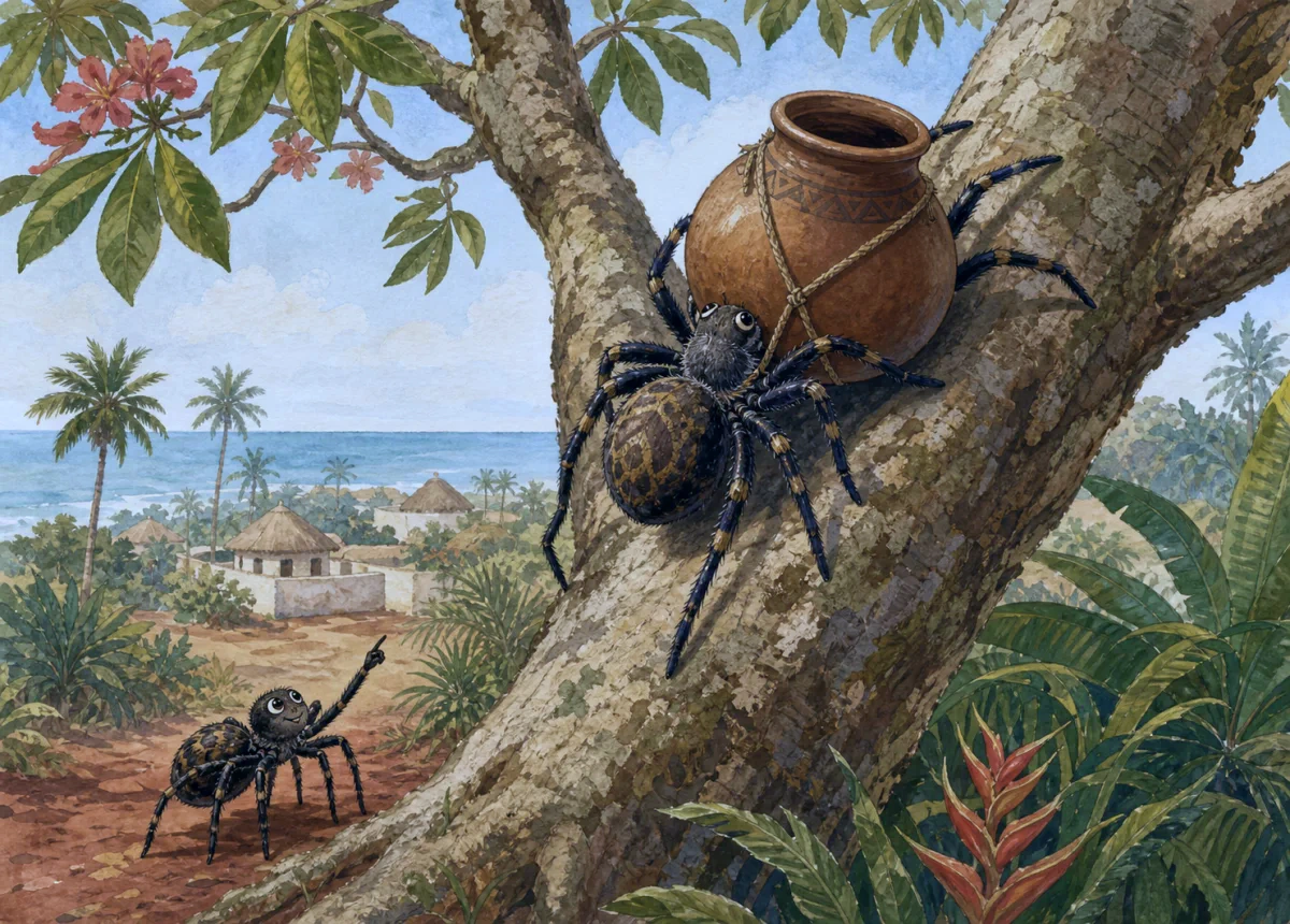 Anansi carries a clay pot toward a tall tree while his son watches.