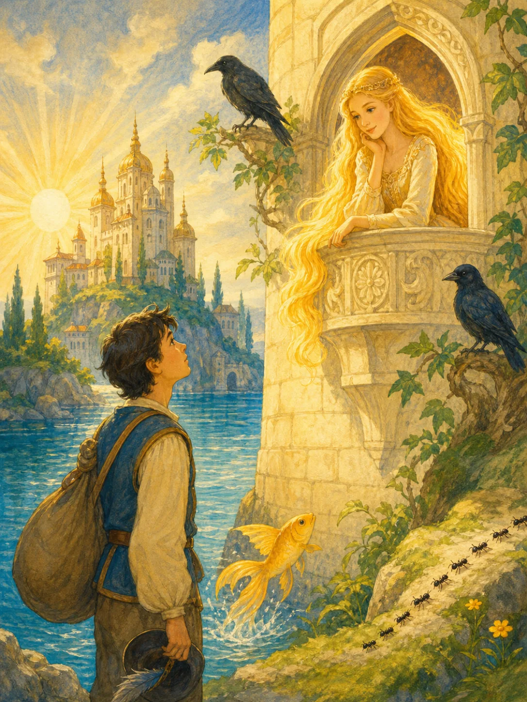 Yirik sees golden-haired Zlatovlaska shining at an island palace window.
