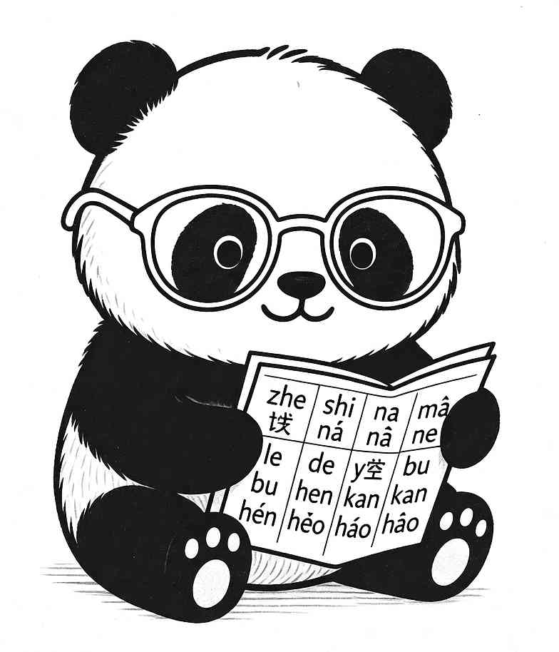 Cute panda mascot with glasses reading a pinyin chart